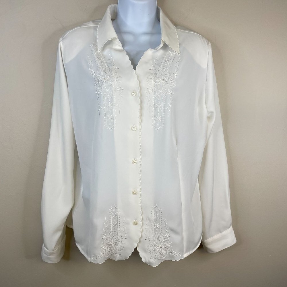 Vintage Womens 80s EMBROIDERED Top Size 14 White Button Front Long Sleeve Blouse